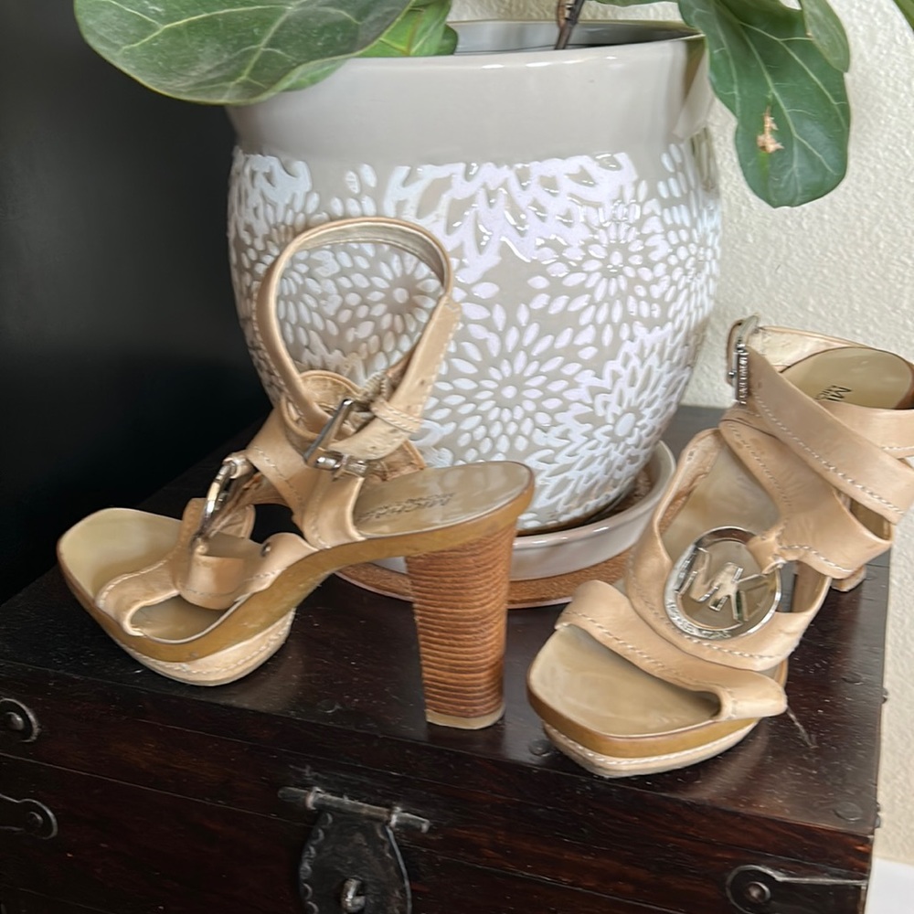 Michael Kors tan leather wrap around ankle strap sandals